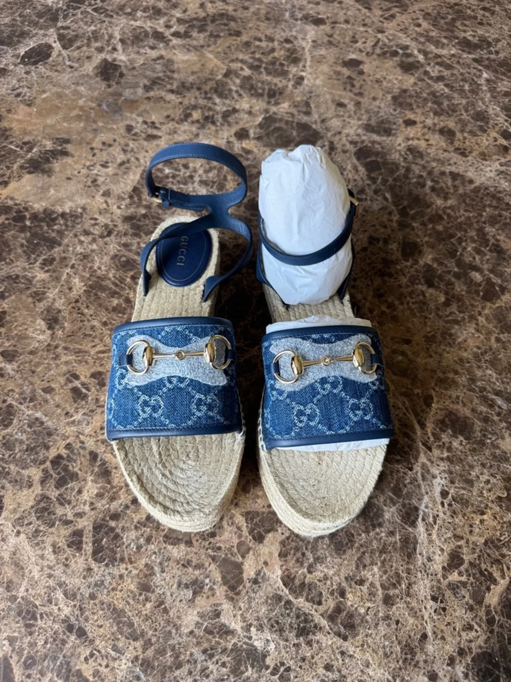 Gucci denim azure blue wedge logo espadrille sandal sz 39 - Picture 3 of 10